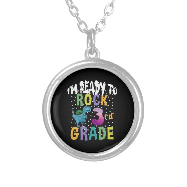 Back To School I'm Ready To Crush 3rd Grade Dino Silver Plated Necklace (Front)