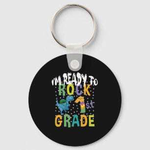 Back To School I'm Ready To Rock 1st Grade Dino Keychain