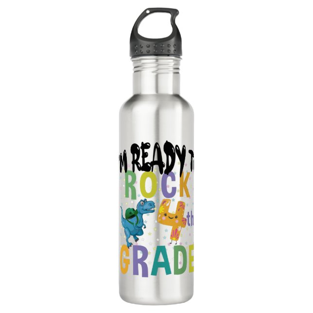 Back To School I'm Ready To Rock 4th Grade Dino Stainless Steel Water Bottle (Front)