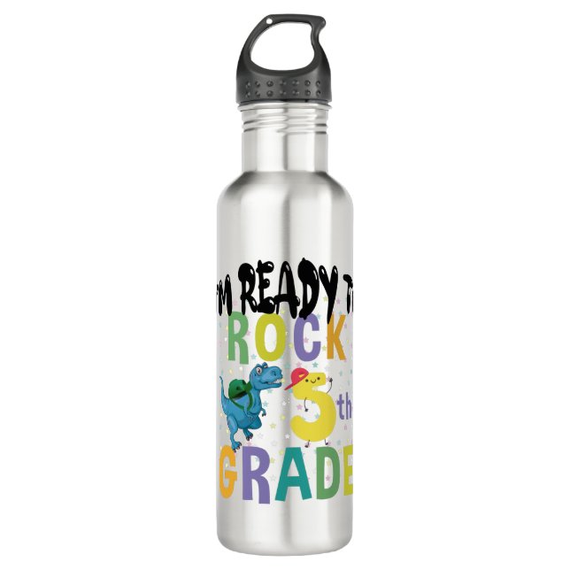 Back To School I'm Ready To Rock 5th Grade Dino Stainless Steel Water Bottle (Front)