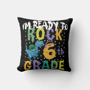 Back To School I'm Ready To Rock 6th Grade Dino Throw Pillow