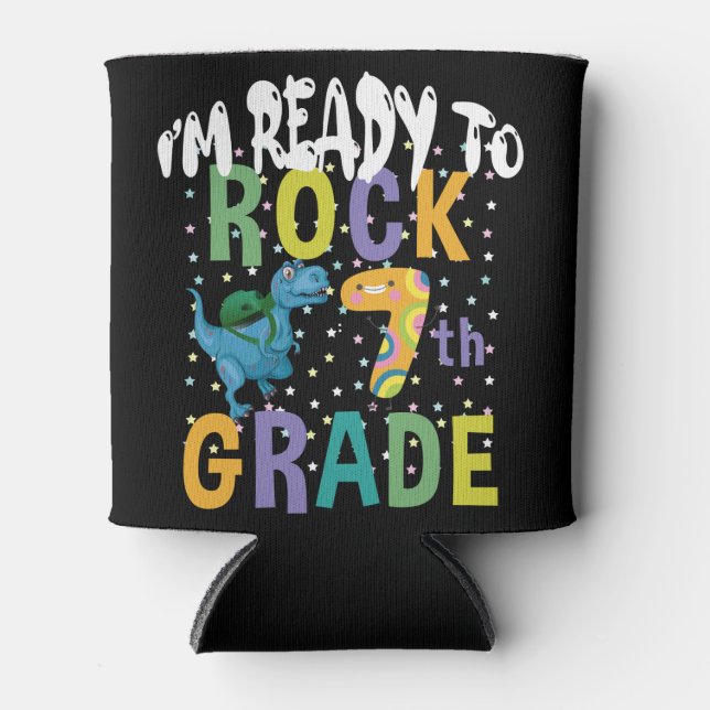 Back To School I'm Ready To Rock 7th Grade Dino Can Cooler (Front)