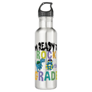 Back To School I'm Ready To Rock 8th Grade Dino Stainless Steel Water Bottle