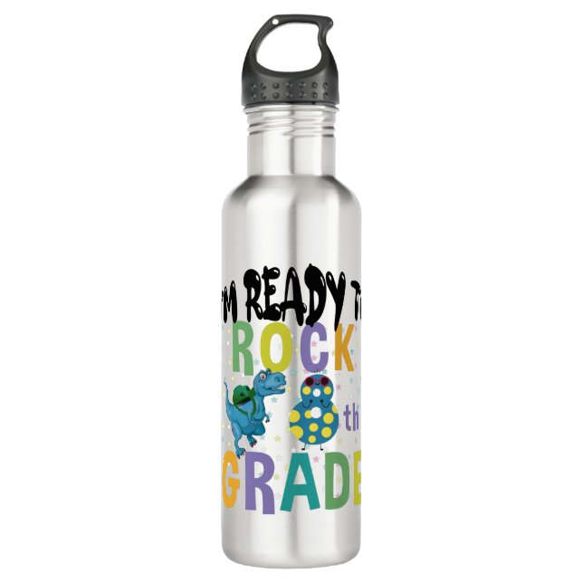 Back To School I'm Ready To Rock 8th Grade Dino Stainless Steel Water Bottle (Front)