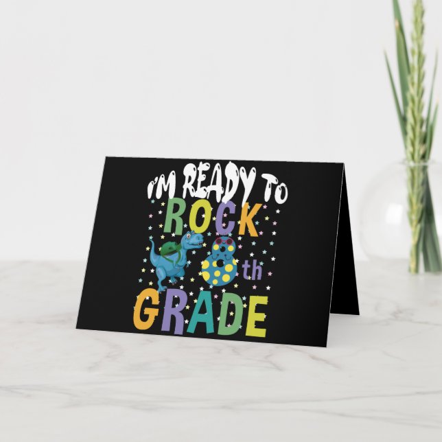 Back To School I'm Ready To Rock 8th Grade Dino Thank You Card (Front)