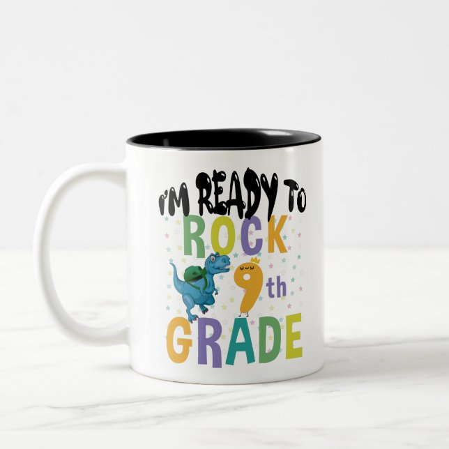 Back To School I'm Ready To Rock 9th Grade Dino Two-Tone Coffee Mug (Left)