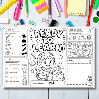 Back to School Kids Classroom Activity Placemat