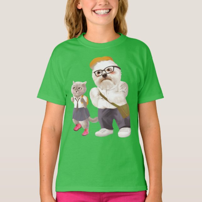 Back to School: Miss Meow & Bichon Students T-Shirt (Front)