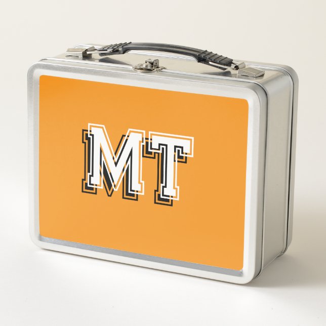 Back to School Monogrammed Initial Orange Metal Lunch Box (Front)