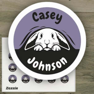 Back to school name label, cute peeking bunny classic round sticker