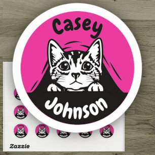 Back to school name label, cute peeking cat classic round sticker
