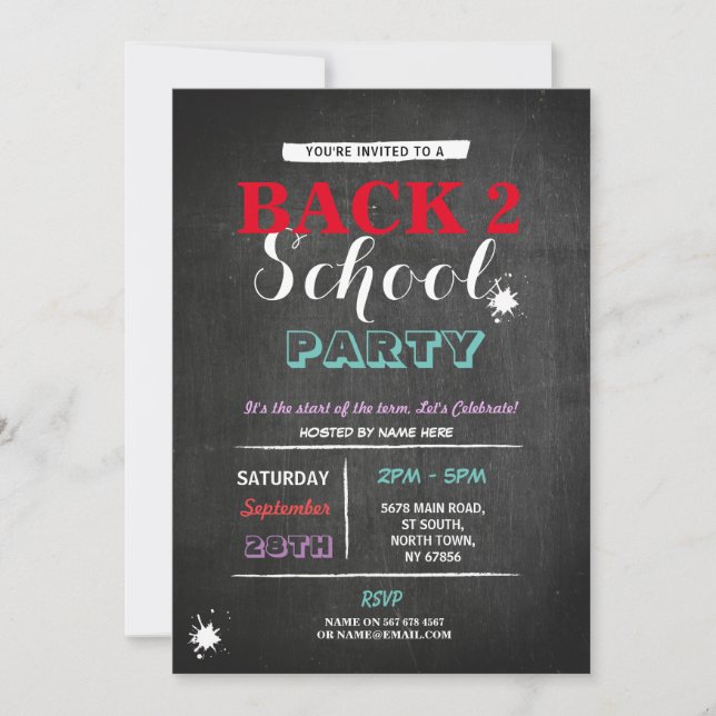 Back To School Party Chalkboard Fun Ink Invite (Front)