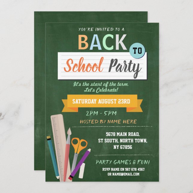 Back To School Party Green Chalkboard Fun Invite (Front/Back)
