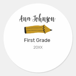 Back to school pencil add name grade class year te classic round sticker