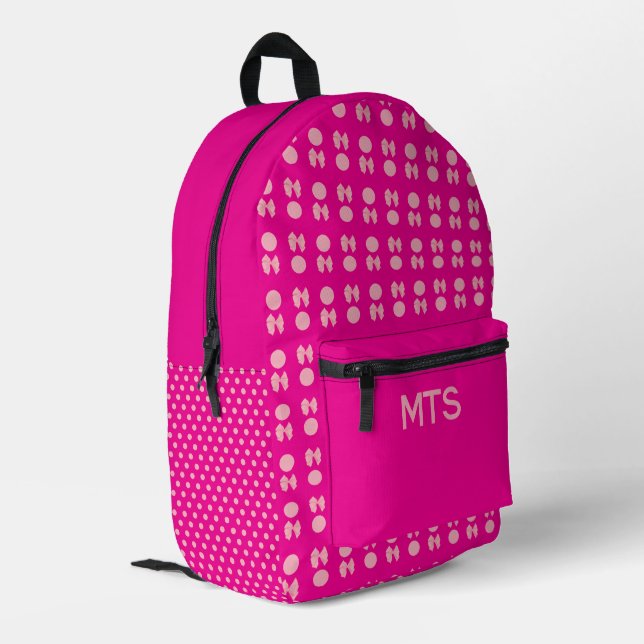 Back to School Pink Bows Dots Monogram Initials Printed Backpack (Back Corner Left)
