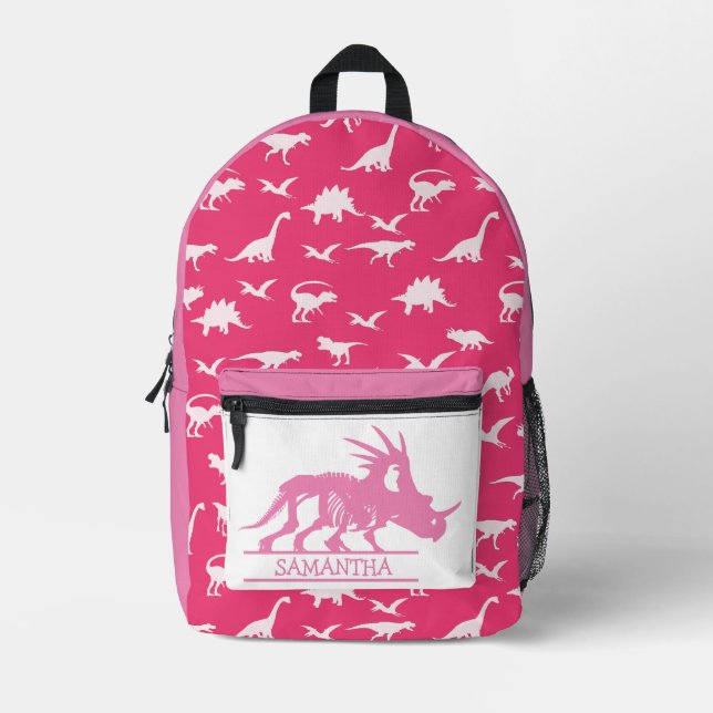 Back to school Pink Dino theme Printed Backpack (Front)