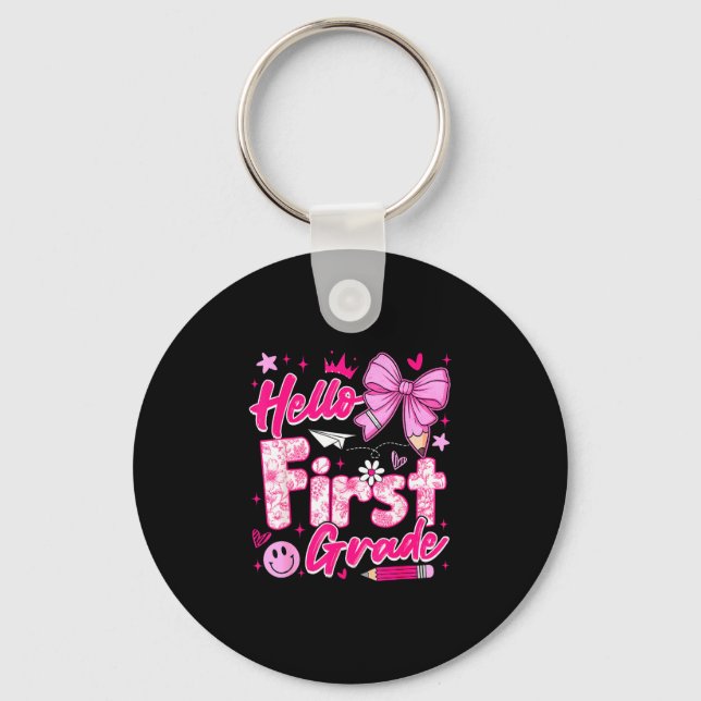 Back to school pink hello first grade coquette bow keychain (Front)