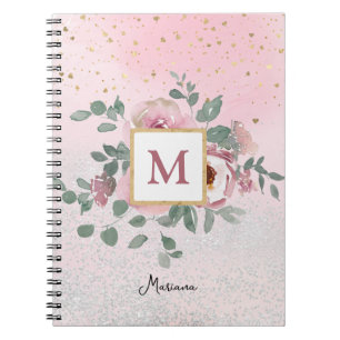 Back To School Pink Sparkle Glitter Monogram Girl Notebook