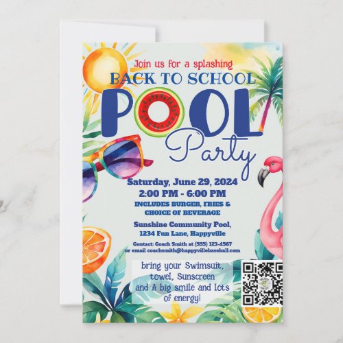 back to school Pool party class friends birthday Invitation
