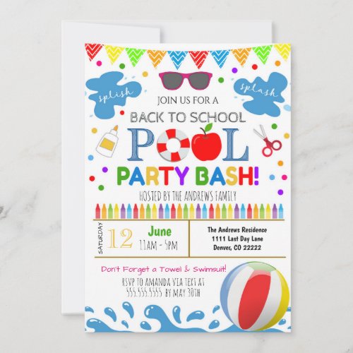 Back to School Pool Party Invitation