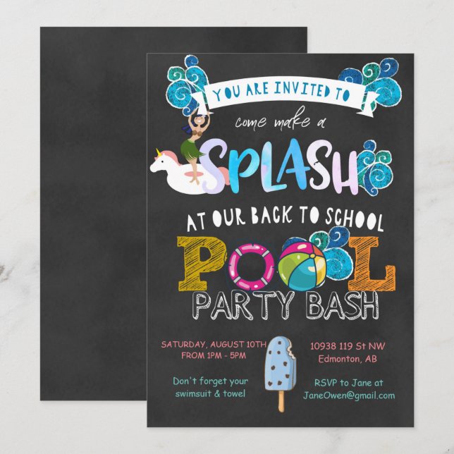 Back to School Pool Party Invitation (Front/Back)