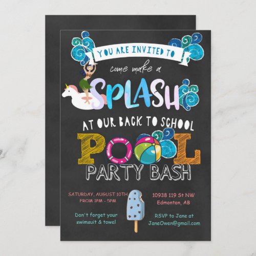 Back to School Pool Party Invitation