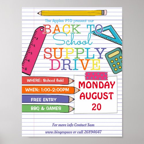 back to school PTA PTO supply drive event Poster