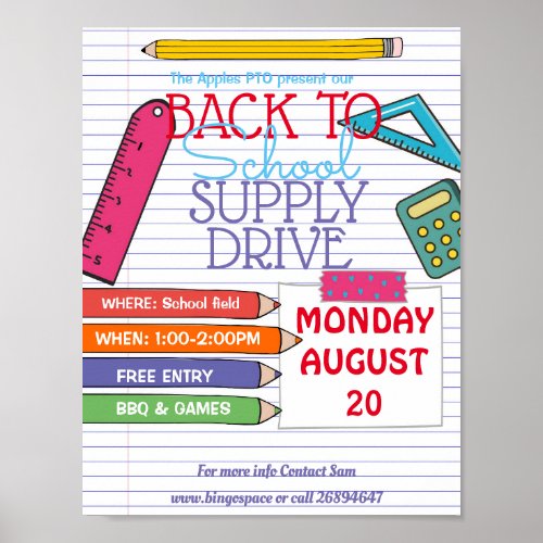 back to school PTA PTO supply drive event Poster