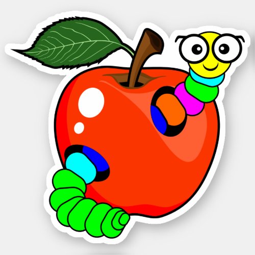 Back to school red apple with worm _ Custom_Cut Sticker