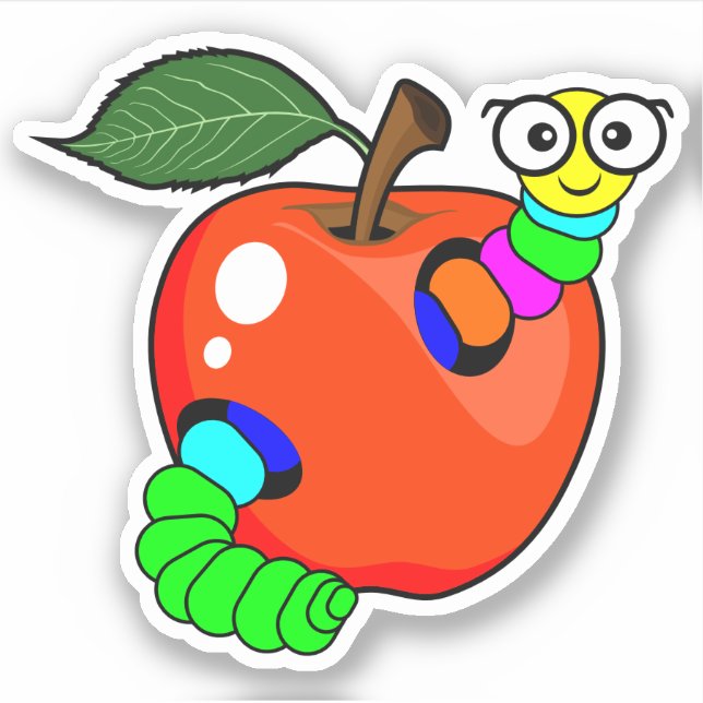 Back to school red apple with worm - Custom-Cut Sticker (Front)