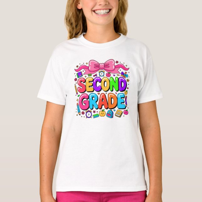 Back To School Second Grade Girls Bow Teacher Kids T-Shirt (Front)