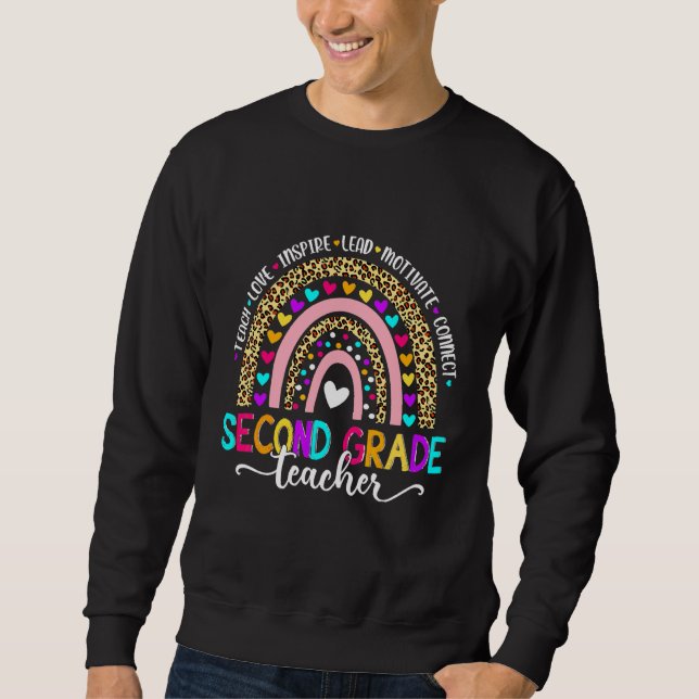 Back To School Second Grade Teacher Leopard Rainbo Sweatshirt (Front)