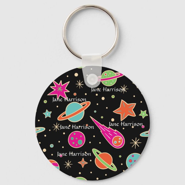 Back To School Space Rocket Pattern Name Keychain (Front)