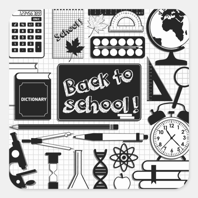 Back To School Sticker (Stickers featuring various school-related items in black and white. )