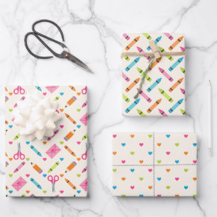 Back to School Supplies Crayons Hearts Pattern Wrapping Paper Sheets