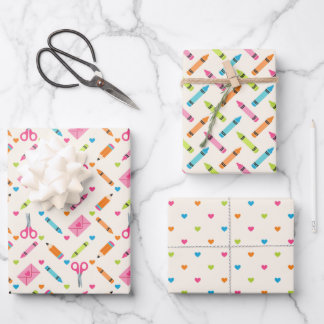 Back to School Supplies Crayons Hearts Pattern Wrapping Paper Sheets