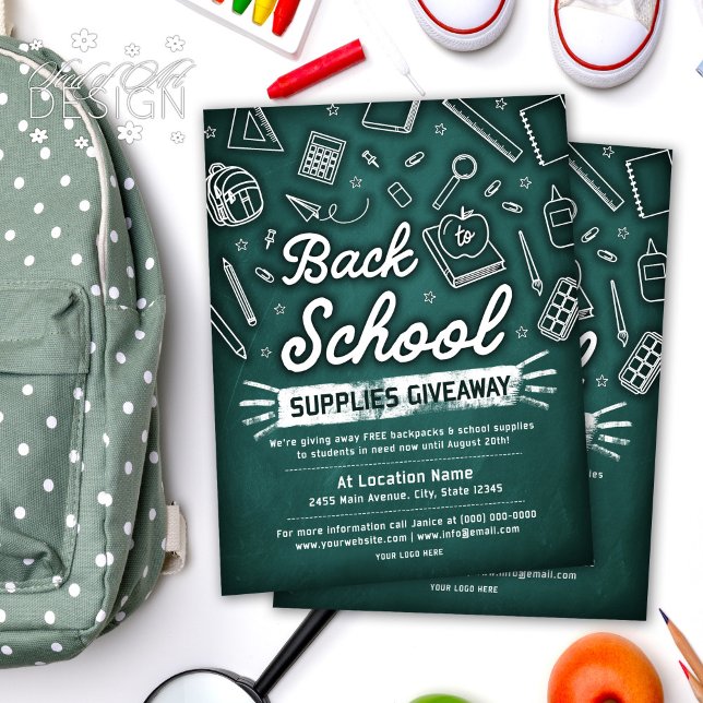 Back To School Supplies Giveaway Green Chalkboard Flyer (Creator Uploaded)