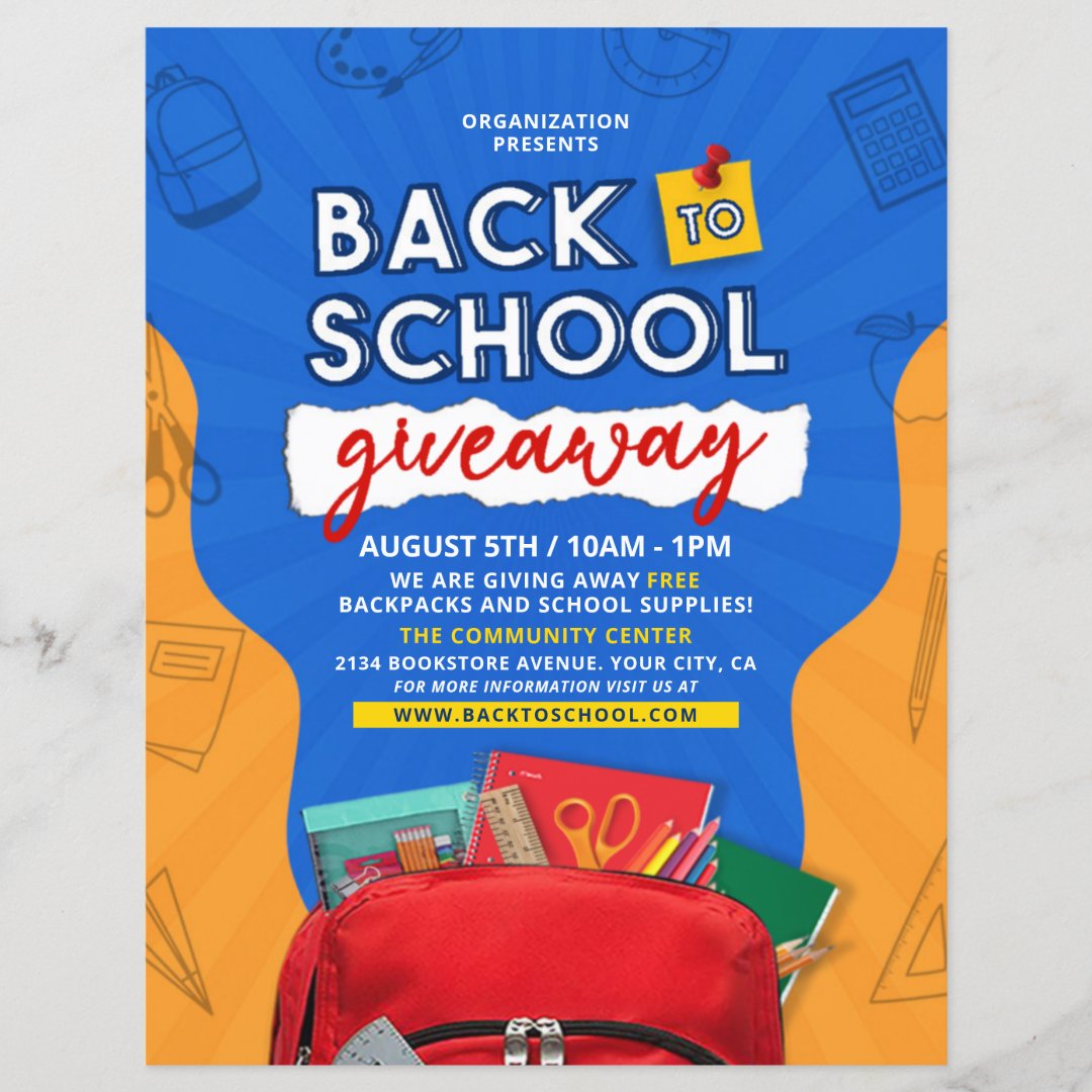Back To School Supply & Backpack Giveaway Flyer Zazzle