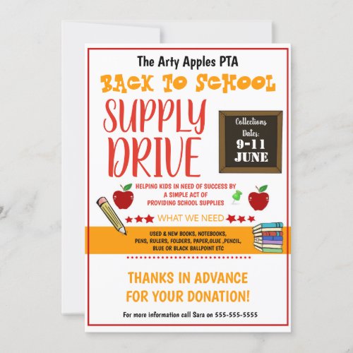 back to school supply drive fundraiser FLYER Invitation