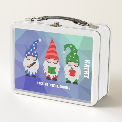 Back to school teacher gnomes ombre blue metal lunch box