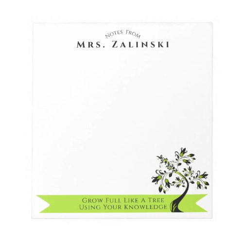Back To School Teacher Green Floral Tree Custom Notepad
