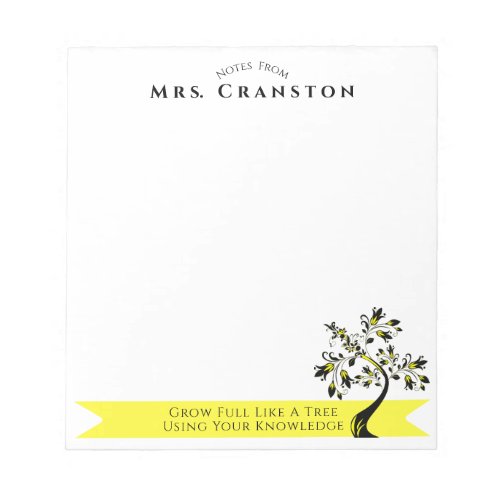 Back To School Teacher Yellow Floral Tree Custom Notepad
