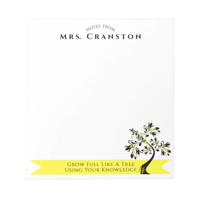 Back To School Teacher Yellow Floral Tree Custom Notepad (Front)