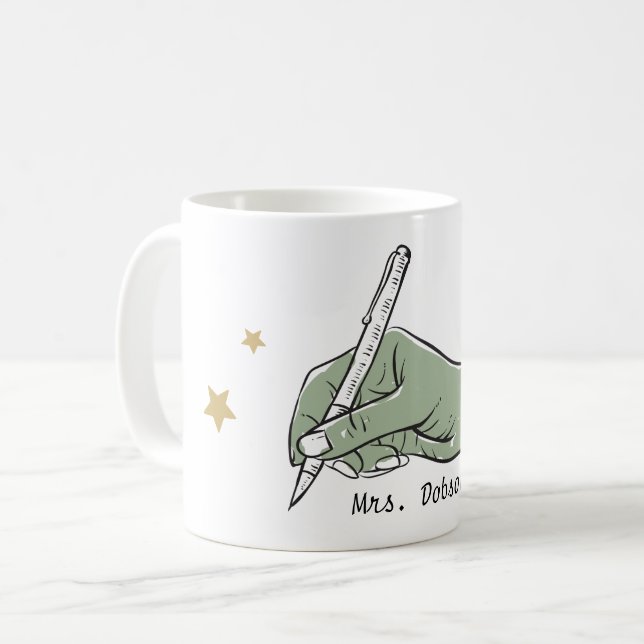 Back to School Teachers Name Sage Writing Hand Coffee Mug (Front Left)