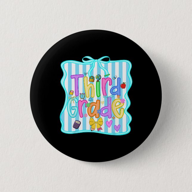Back To School Third Grade Girls Bow 3rd Grade Tea Button (Front)