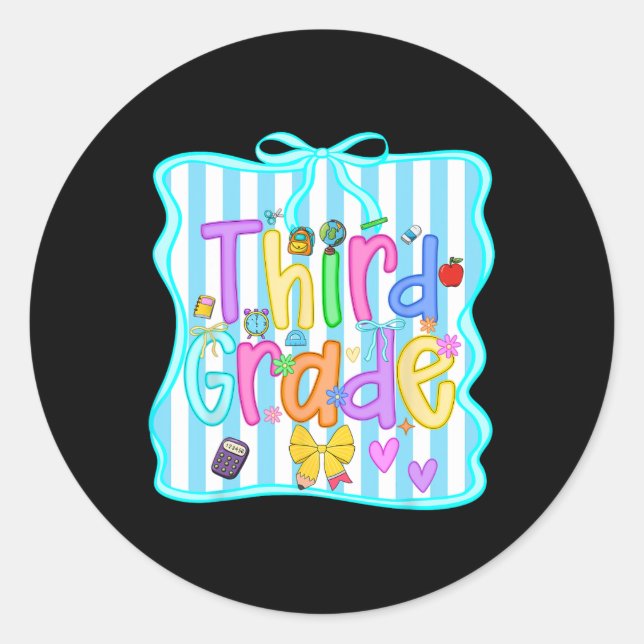 Back To School Third Grade Girls Bow 3rd Grade Tea Classic Round Sticker (Front)