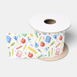 Back to School Watercolor Supplies Pattern Satin Ribbon