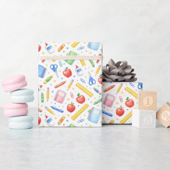 Back to School Watercolor Supplies Pattern Wrapping Paper (Baby Shower)