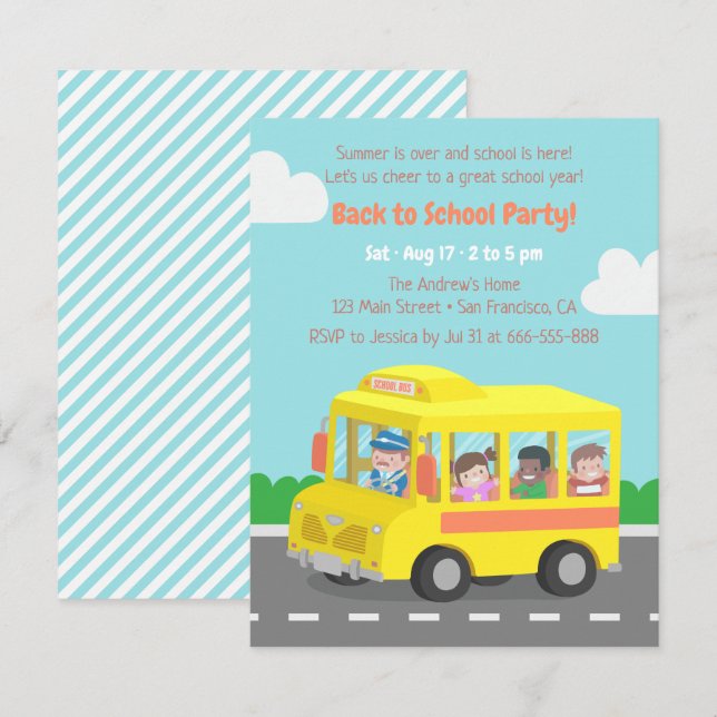 Back to School Yellow Bus Kids Party Invitations (Front/Back)