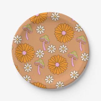Back to the 70s Orange Daisies and Mushrooms Paper Plates